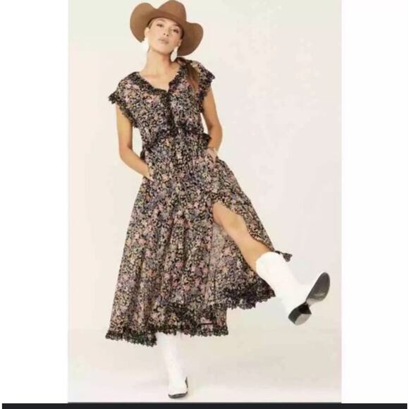 Free People Milania Cotton Midi Dress Black Combo Floral Print Sz L Boho Cottage - Picture 2 of 13